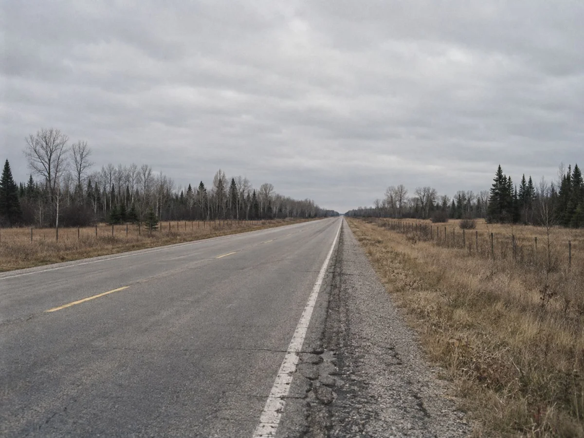 An empty two-lane highway running through northern woods under an overcast sky.